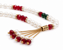 Load image into Gallery viewer, Pearl with Red and Green Crystals- Ready Made Design - Personalised Prayer Beads
