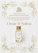 Load image into Gallery viewer, Elegant A6 Wedding Favour Card with Heart Chocolate or Zam Zam bottle 10ml