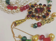 Load image into Gallery viewer, Pearl with Red and Green Crystals- Ready Made Design - Personalised Prayer Beads