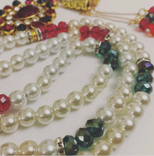 Load image into Gallery viewer, Pearl with Red and Green Crystals- Ready Made Design - Personalised Prayer Beads