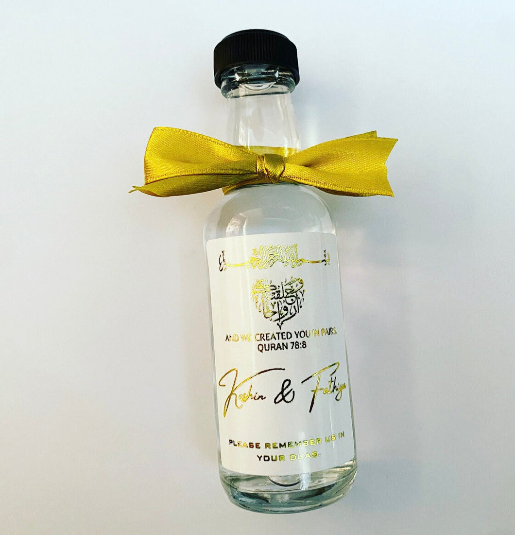 Personalised 50ml Zam Zam bottles filled or empty with stickers - transparent, glossy or foiled (Read item details)