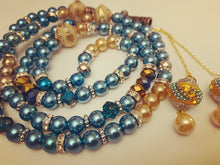 Load image into Gallery viewer, Personalised Blue / Gold Pearl Tasbih gift set in Magnetic Box
