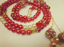 Load image into Gallery viewer, Personalised Red / Gold Pearl Tasbih gift set in Magnetic Box
