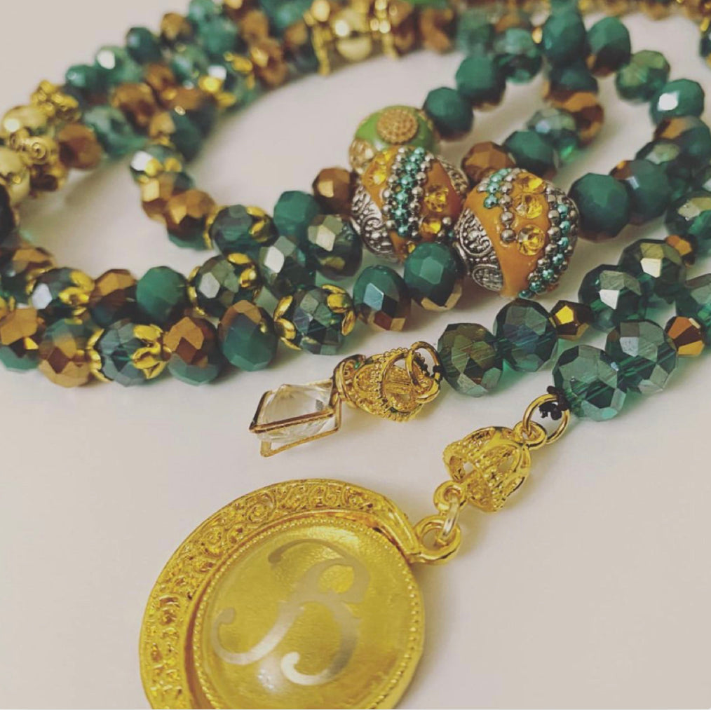 Rondelle two-tone emerald green / gold  -  Ready Made Design - Personalised Prayer Beads