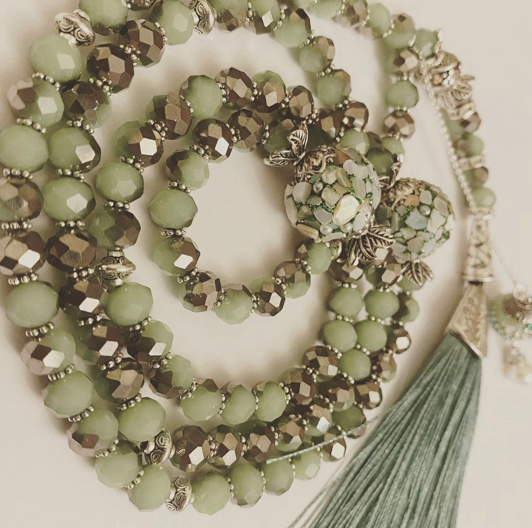 Rondelle two-tone Mint Green / Silver - Ready Made Personalised Prayer Beads