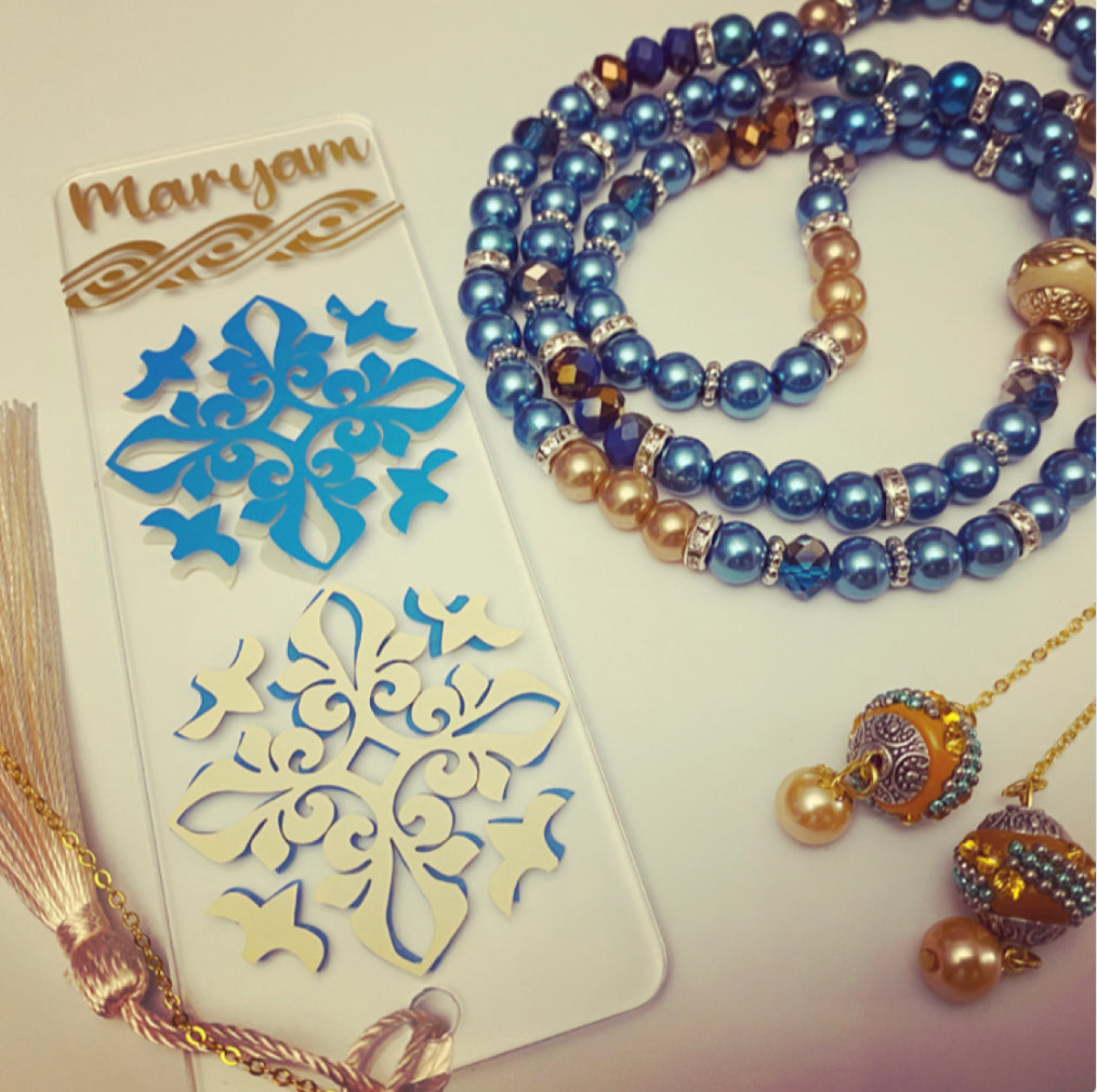 Personalised Blue / Gold Pearl Tasbih gift set in Magnetic Box